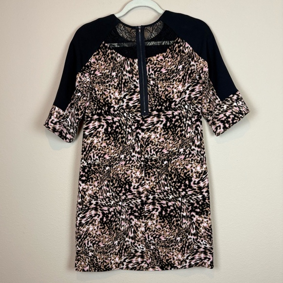 Maggy London Black/Tan/Cream Elbow Length Sleeves Shift Dress with Lace Accent - Picture 3 of 7